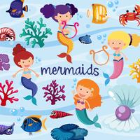 Background design with cute mermaids underwater vector