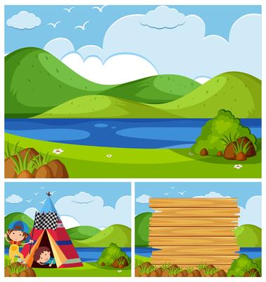 Three nature scenes with kids camping