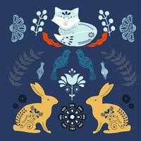 Scandinavian folk art pattern with foxes and flowers  vector
