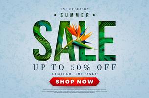 Summer Sale Design with Toucan Bird, Tropical Palm Leaves and Flower on Green Background. Vector Special Offer Illustration with Summer Holiday Elements for Coupon