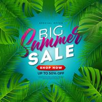 Summer Sale Design with Tropical Palm Leaves on Blue Background. Vector Special Offer Illustration with Summer Holiday Elements for Coupon