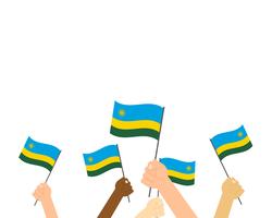 Ilustración vectorial de manos sosteniendo banderas de Ruanda aisladas sobre fondo blanco