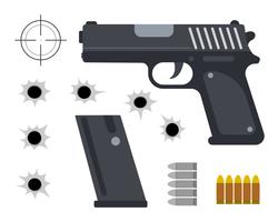 Ilustración vectorial de pistola con conjunto de bala y agujeros de bala en el fondo blanco. vector