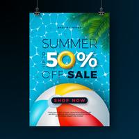 Summer Sale Poster Design Template with Float, Beach Ball and Tropical Palm Leaves on Blue Pool Background. Exotic Floral Vector Illustration with Special Offer Typography for Coupon