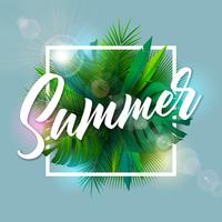Ejemplo del verano con la letra de la tipografía y las hojas de palma tropicales en fondo azul. Vector Holiday Design con plantas exóticas y Phylodendron