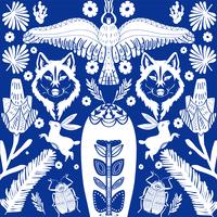 Scandinavian folk art pattern with wolf and flowers  vector
