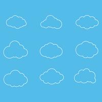 Conjunto de iconos de contorno de nube. Ejemplo del vector del símbolo de las nubes en fondo del cielo azul.