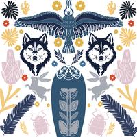 Scandinavian folk art wolf pattern with birds and flowers 