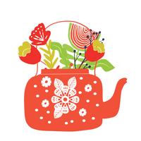 folk art tea pot with flower block print vector illustration