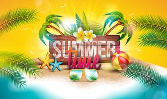 Vector Summer Time Holiday Illustration with Typography Letter on Vintage Wood Board Background. Tropical Plants, Flower, Beach Ball and Sunglasses on Paradise Island for Banner or Party Flyer