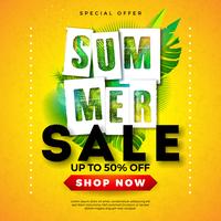 Summer Sale Design with Tropical Palm Leaves and Typography Letter on Yellow Background. Vector Holiday Illustration for Special Offer