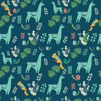 Illustration with llama and cactus plants. Vector seamless pattern on botanical background. Greeting card with Alpaca. Seamless pattern