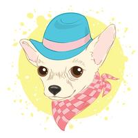 Hand drawn vector illustration of hipster dog for cards, t-shirt print, placard. Fashion portrait of chihuahua dog wearing hat and cravat.