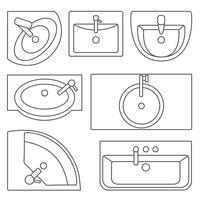 Sinks top view collection.Vector contour illustration. Set of different wash basin types. vector