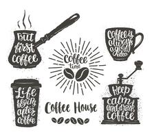 Coffee lettering in cup, grinder, pot shapes. Modern calligraphy quotes about coffee. Vintage coffee objects set with handwritten phrases. vector