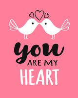 Letras de You and Me con pájaros besándose para la tarjeta, póster, banner o etiqueta del día de San Valentín. Vector ilustración de día de San Valentín.