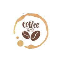 Coffee cup stain and drops with Coffee time lettering and beans silhouettes. Vector illustration.