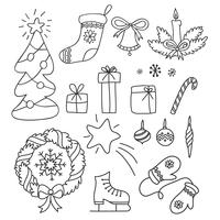 Christmas set of hand drawn doodles in simple style. Vector contour illustration