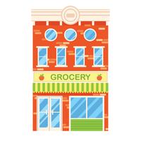 Ilustración de vector de edificio retro con tienda de comestibles. Fachada de una casa retro de estilo plano. Edificio de tres pisos con supermercado.