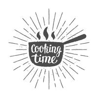 Pot silhoutte with lettering - Cooking time - and vintage sun rays. Good for cooking logotypes, bades or posters. vector