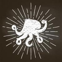 Octopus chalk silhoutte with sun rays on blackboard. Good for seafood  restaurant menu design, decor, logotypes,  or posters vector