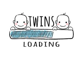 Progress bar with inscription - Twins loading and newborn boys smiling faces in sketchy style. Vector illustration for t-shirt design, poster, card, baby shower decoration