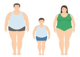 Hombre gordo, mujer y niño en estilo plano. Ilustración de vector de familia obesa. Concepto de estilo de vida poco saludable.