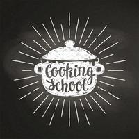 Chalk silhoutte of boiling pan with sun rays and lettering - Cooking with kids - on blackboard. Good for cooking logotypes, bades, menu design or posters.
