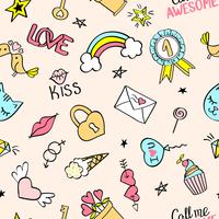 Seamless pattern with hand drawn girly doodles. Repeating background with childish sketch design elements for textile, wallpaper, scrapbooking. vector