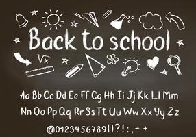 Back to school chalk text on blackboard with school doodle elements and chalk alphabet, numbers and punctuation marks.  vector