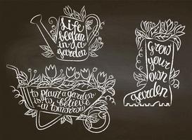 Collection of chalk contour gardening placards with inspirational quotes on blackboard. Gardening typography posters set. vector