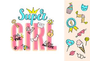 Super Girl lettering with girly doodles and hand drawn phrases for valentines day card design, girl's t-shirt print. Hand drawn fancy comic feminism slogan in cartoon style. vector