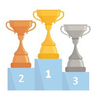 Gold, Silver and Bronze Trophy Cups. Tree winner cups on podium. Flat design. vector