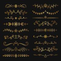 Collection of golden hand drawn flourish text dividers. Doodle gold botanical borders for typography design, invitations, greeting cards. Calligraphic and floral design elements. vector