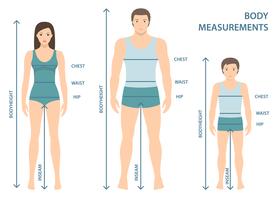 Ilustración vectorial de hombre, mujer y niño en longitud completa con líneas de medición de parámetros corporales. Medidas de tallas hombre, mujer y niño. Mediciones y proporciones del cuerpo humano. Diseño plano. vector
