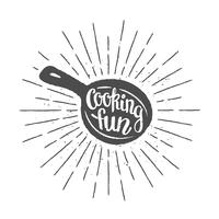 Pan silhoutte with lettering - Cooking fun - and vintage sun rays. Good for cooking logotypes, bades or posters. vector