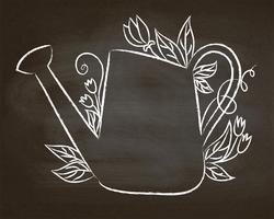 Chalk contour of vintage watering can with leaves and flowers on chalk board. 