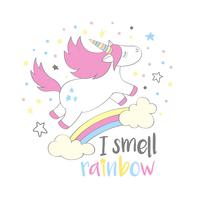 Unicornio lindo mágico en estilo de dibujos animados con letras a mano, huelo a arco iris. Garabatee el vuelo del unicornio sobre un ejemplo del vector del arco iris y de las nubes para las tarjetas, carteles, impresiones de la camiseta de los niños, dise