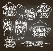 Collection of chalk textured contoured cooking label or logo on blackboard. Hand written lettering, calligraphy cooking vector illustration. Cook, chef, kitchen utensils icon or logo.