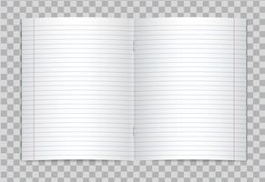 Vector opened realistic lined elementary school copybook with red margins on transparent background. Mockup or template of blank lined opened pages of notebook or exercise book with staples.