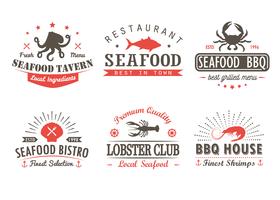Set of vintage seafood, barbecue, grill logo templates, badges and design elements. Logotypes collection for seafood shop, cafe, restaurant. Vector illustration. Hipster and retro style.