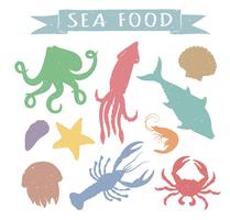 Los mariscos dibujados mano vector colorido ilustraciones aisladas sobre fondo blanco, elementos para diseño de menú de restaurante, decoración, etiqueta. Vintage siluetas de animales marinos.