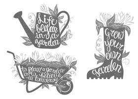 Conjunto de carteles tipografía jardinería. Colección de placards de jardinería con citas inspiradoras. vector