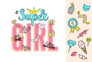 Letras de Super Girl con garabatos femeninos y frases dibujadas a mano para el diseño de la tarjeta del día de San Valentín, camiseta para niña. Dibujado a mano de lujo lema cómico feminismo en estilo de dibujos animados. vector