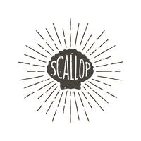 Monochrome hand drawn vintage label, retro badge with textured silhouette of scallop. vector