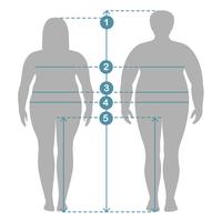 Siluetas de hombres y mujeres con sobrepeso en toda su longitud con líneas de medición de parámetros corporales. Ropa de hombre y mujer más medidas de talla. Mediciones y proporciones del cuerpo humano. vector