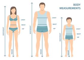 Ilustración vectorial de hombre, mujer y niño en longitud completa con líneas de medición de parámetros corporales. Medidas de tallas hombre, mujer y niño. Mediciones y proporciones del cuerpo humano. Diseño plano. vector