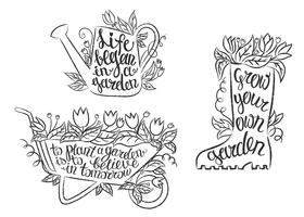 Colección de carteles de jardinería de contorno grunge con citas inspiradoras. Conjunto de placards de jardinería con dichos motivacionales. vector