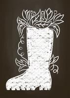 Chalk silhouette of rubber boot with leaves and flowers on chalk board. Typography gardening  card, poster. vector