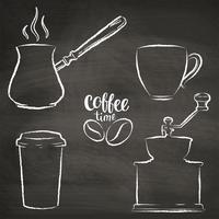 Set of coffee cup, grinder, pot grunge contours. Vintage coffee objects collection on chalk board.  vector